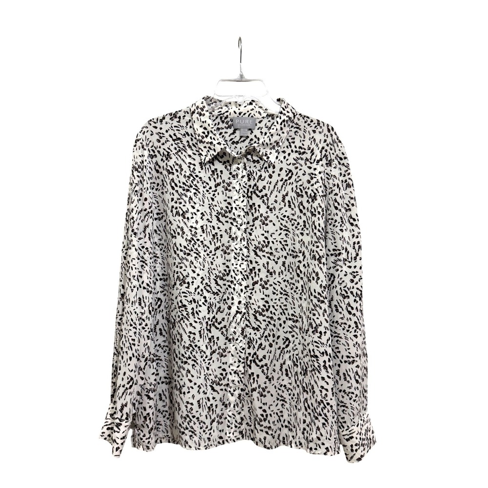 Pure Collection 100% Silk Blouse White Black Brown Animal Print Size US 14/16